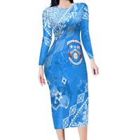 Apifoou College Tonga Long Sleeves Bodycon Dress Kupesi Style - Ver01 LT7 Polyester spandex Blue - Polynesian Pride