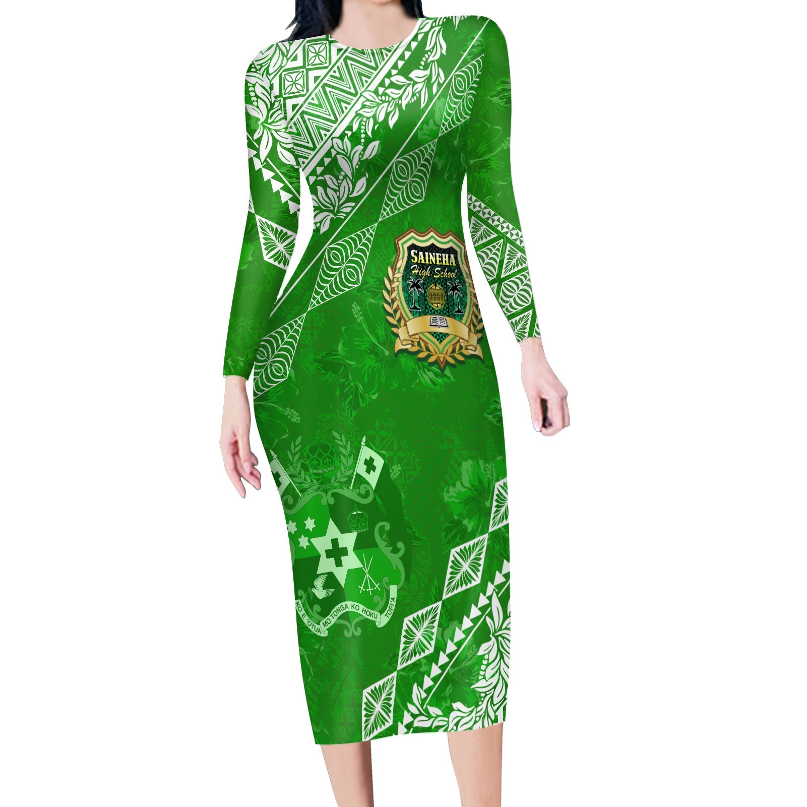 Saineha High School Tonga Long Sleeves Bodycon Dress Kupesi Style - Ver01 LT7 Polyester/spandex Green - Polynesian Pride