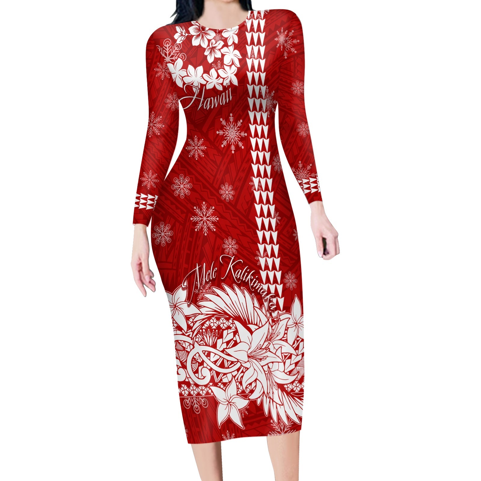 Hawaii Mele Kalikimaka Long Sleeves Body Dress Flower Style LT7 Polyester spandex Red - Polynesian Pride