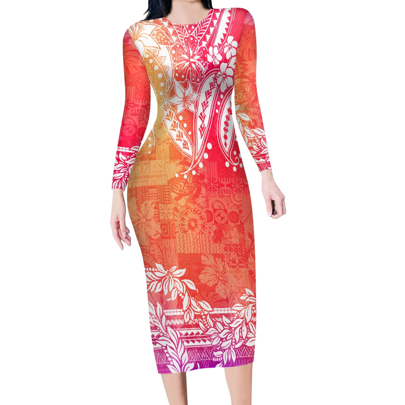 Polynesian Long Sleeves Bodycon Dress Tapa Plumeria Style - Sunset LT7 Polyester/spandex Art - Polynesian Pride