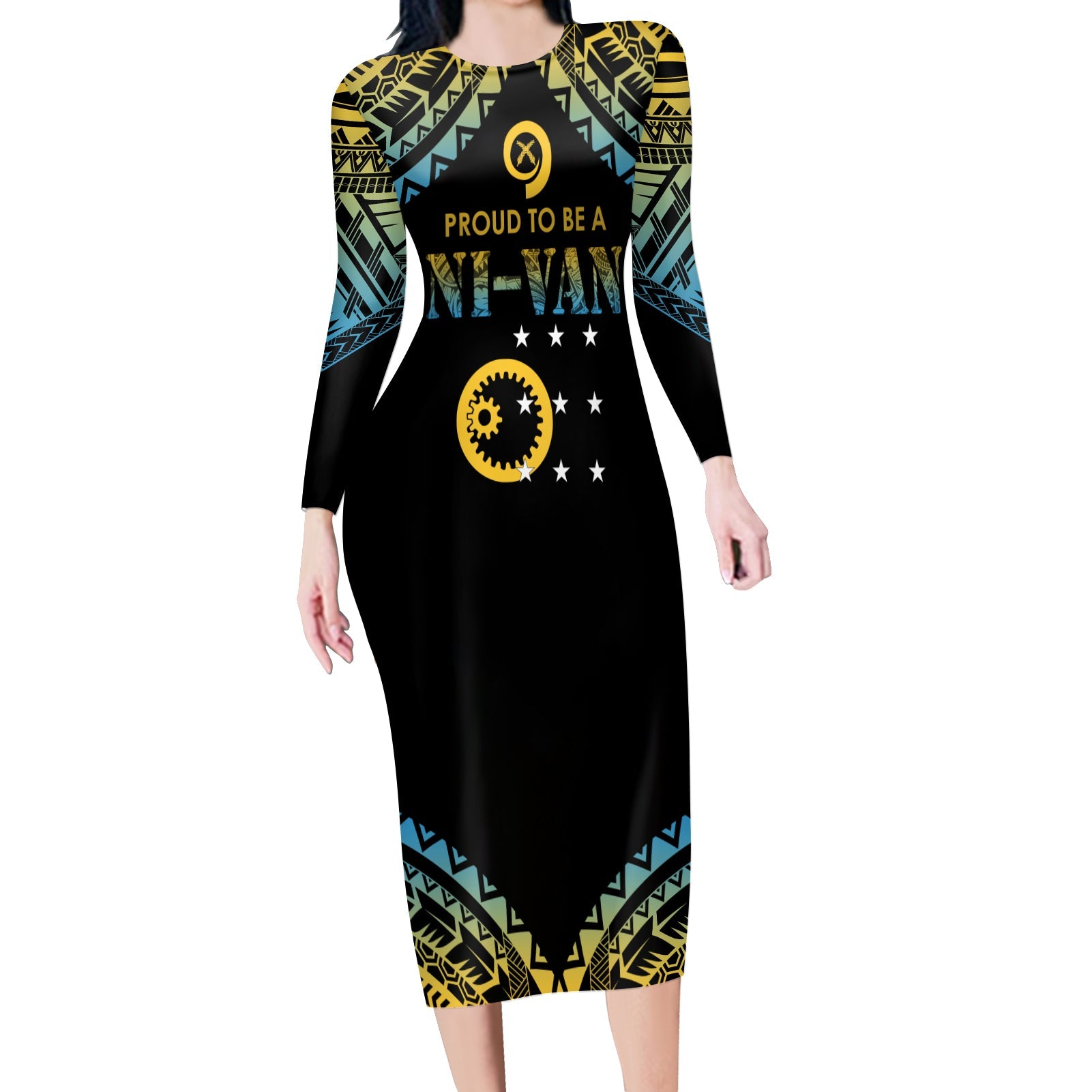 Vanuatu Proud To Be A Ni-Van - Polynesian Pattern Long Sleeves Bodydress - Sanma Province LT7 Women Black - Polynesian Pride