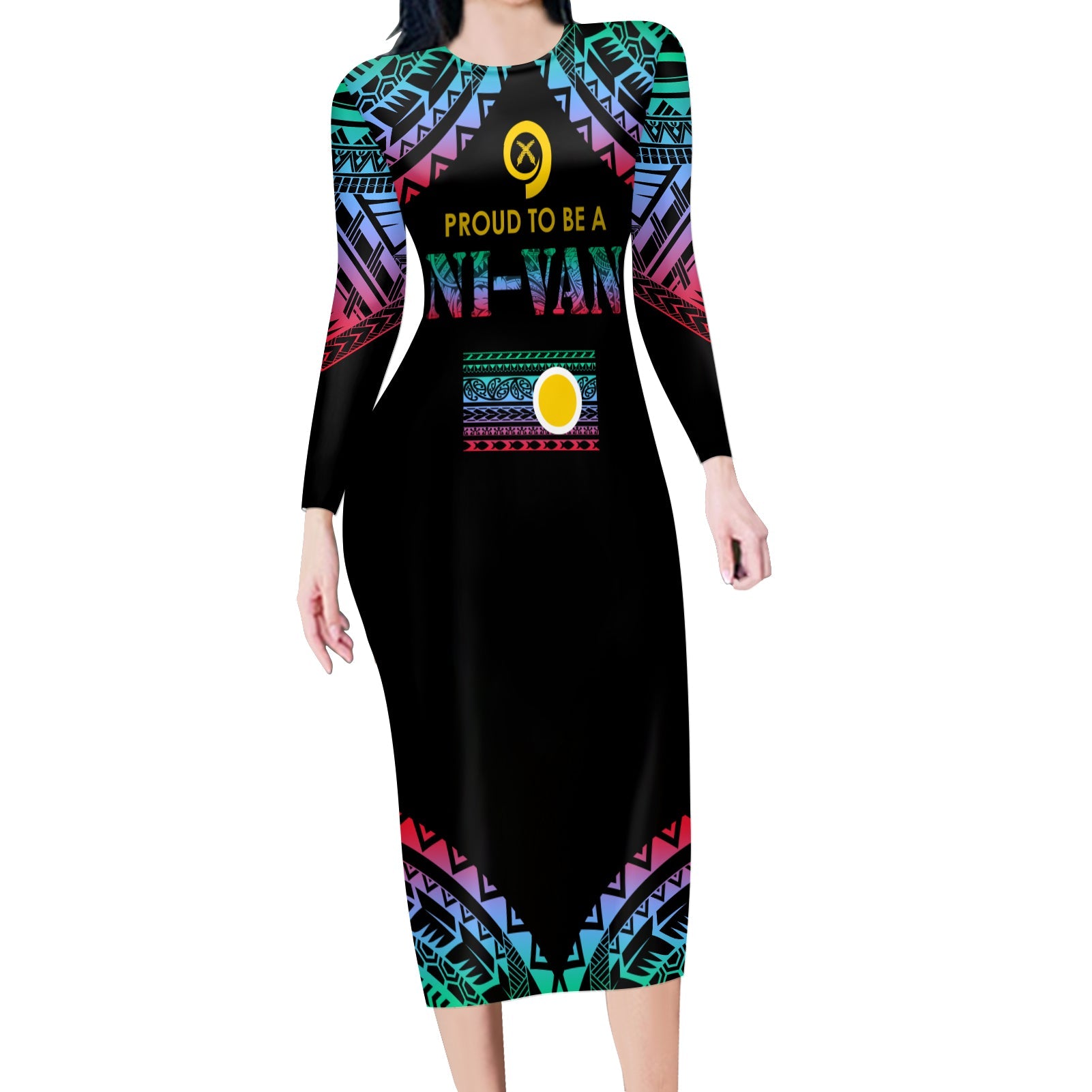 Vanuatu Proud To Be A Ni-Van - Polynesian Pattern Long Sleeves Bodydress - Shefa Province LT7 Women Black - Polynesian Pride