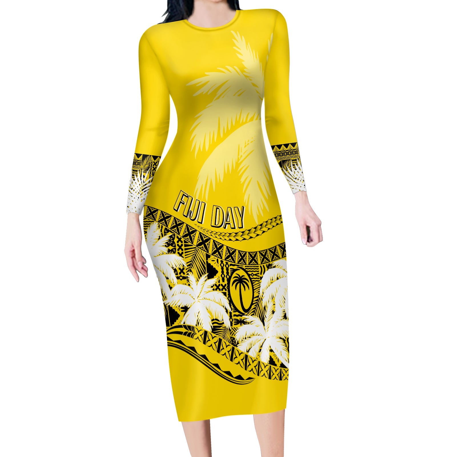 Fiji Day Long Sleeves Bodycon Dress Flying Fijians Masi Kesa Style - Gold LT7 Women Gold - Polynesian Pride