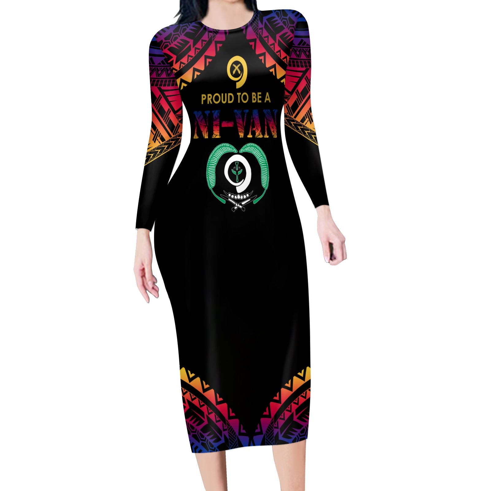 Vanuatu Proud To Be A Ni-Van - Polynesian Pattern Long Sleeves Bodydress - Torba Province LT7 Women Black - Polynesian Pride