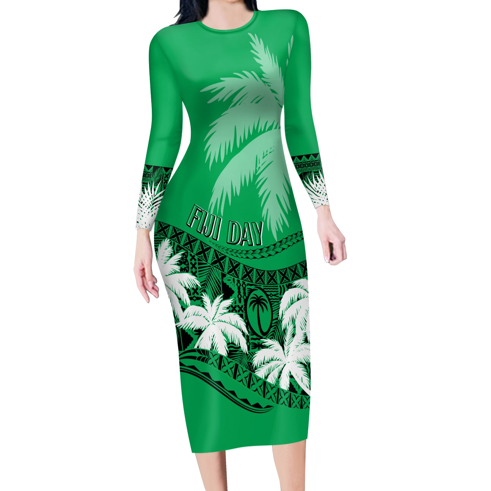 Fiji Day Long Sleeves Bodycon Dress Flying Fijians Masi Kesa Style - Green LT7 Women Green - Polynesian Pride