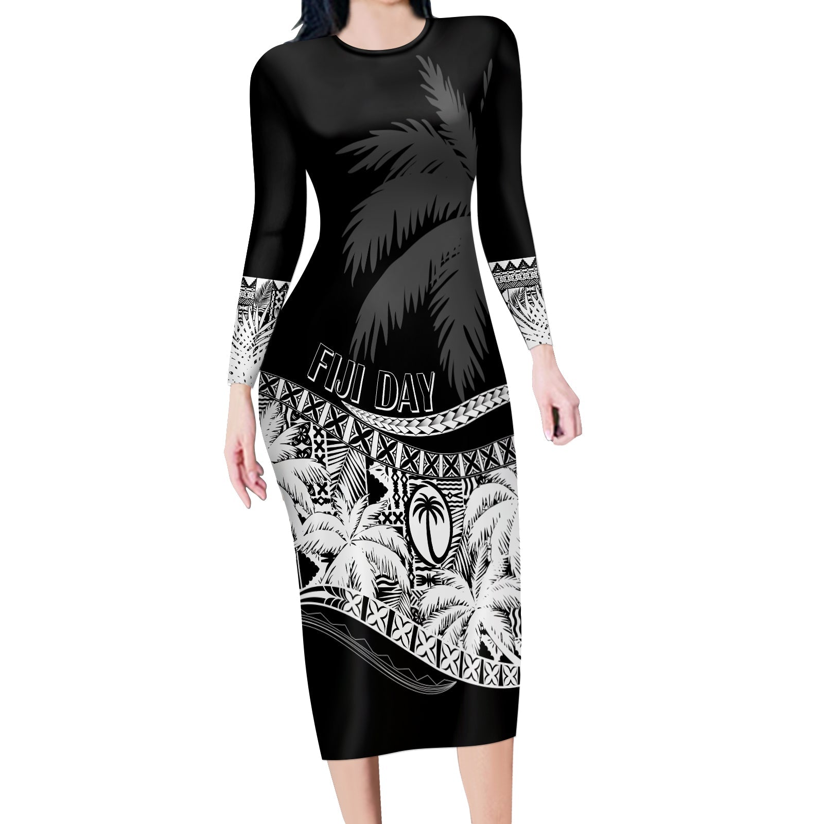 Fiji Day Long Sleeves Bodycon Dress Flying Fijians Masi Kesa Style - Black LT7 Women Black - Polynesian Pride