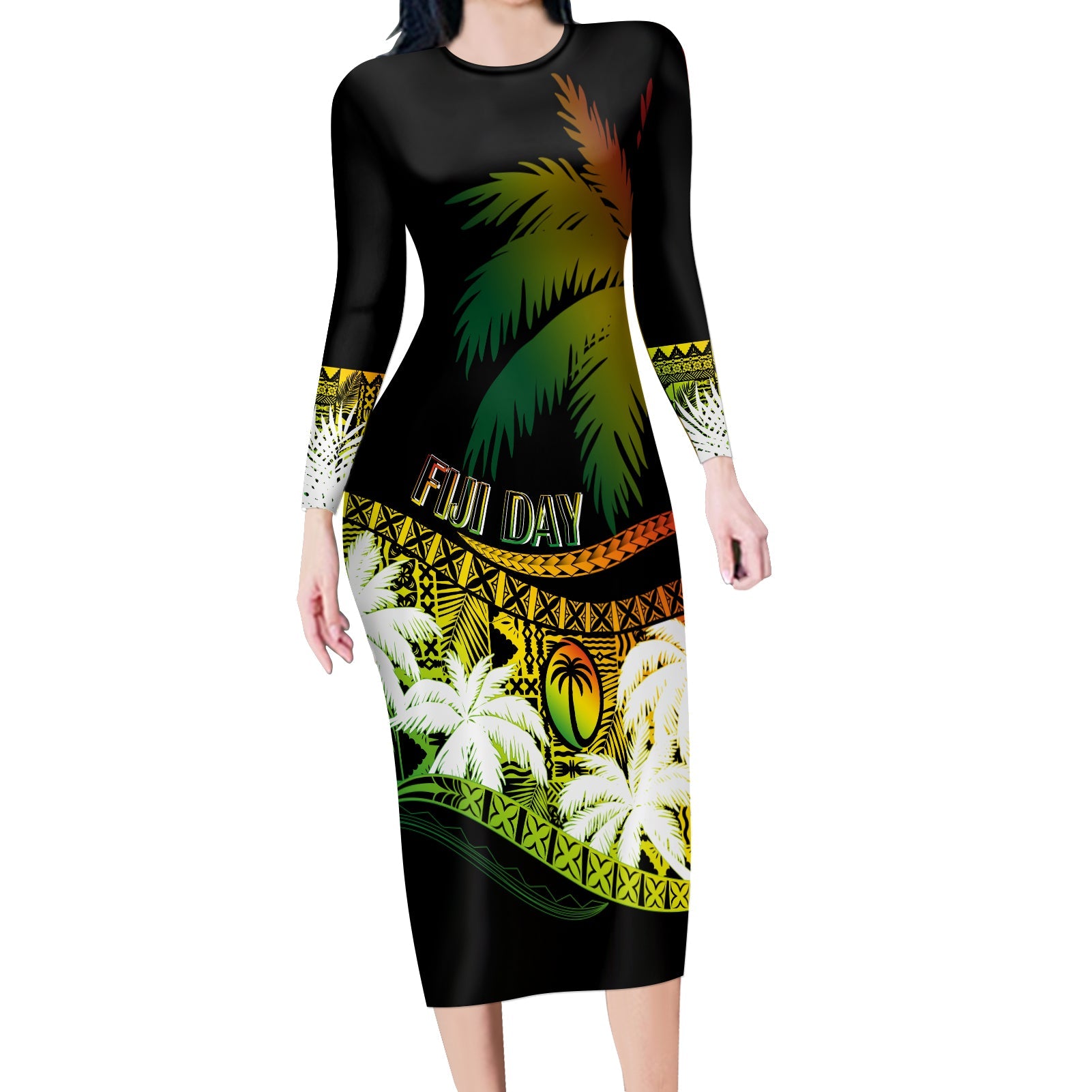 Fiji Day Long Sleeves Bodycon Dress Flying Fijians Masi Kesa Style - Reggae LT7 Women Reggae - Polynesian Pride