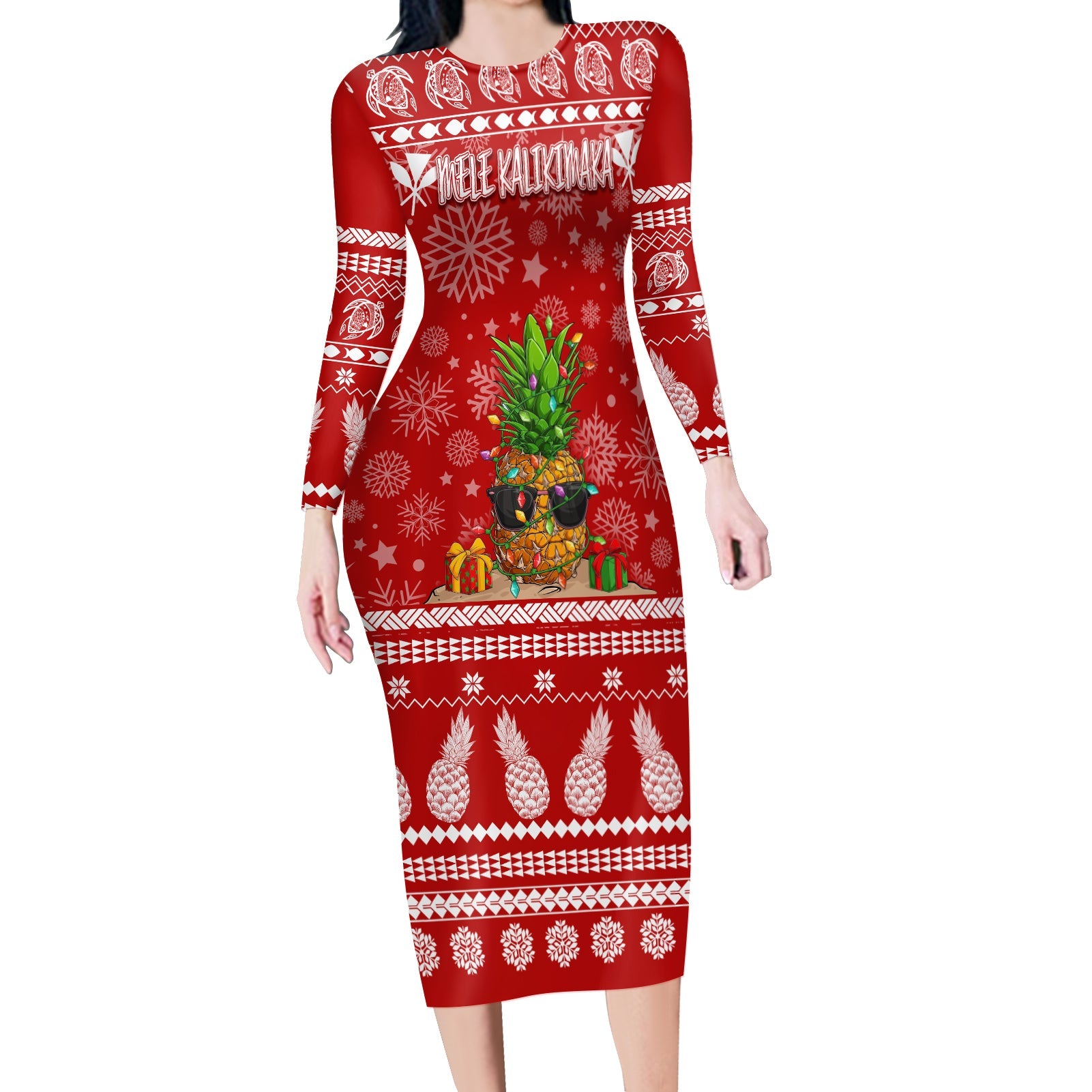 Hawaii Christmas Long Sleeves Body Dress Mele Kalikimaka - Pineapple LT7 Polyester/spandex Red - Polynesian Pride