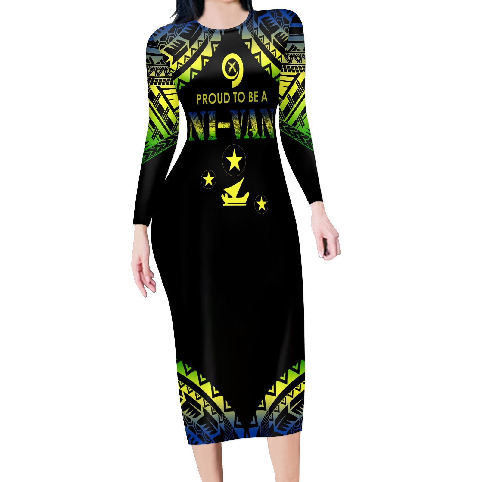 Vanuatu Proud To Be A Ni-Van - Polynesian Pattern Long Sleeves Bodydress - Malampa Province LT7 Women Black - Polynesian Pride