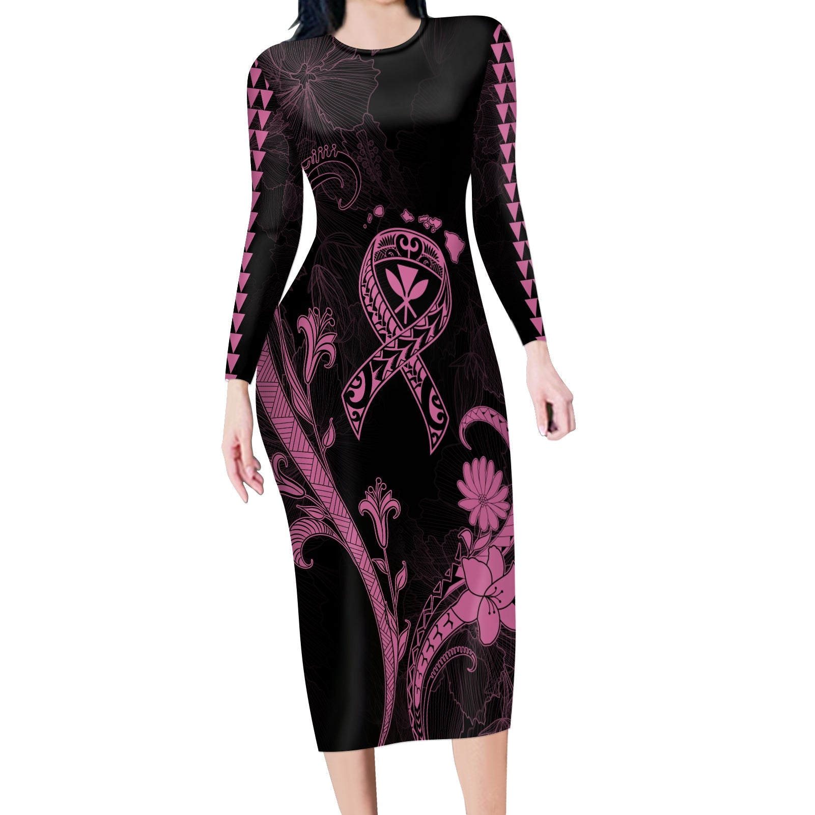 Hawaii Long Sleeves Bodycon Dress Breast Cancer Survivor Mix Hibiscus LT7 Women Black - Polynesian Pride