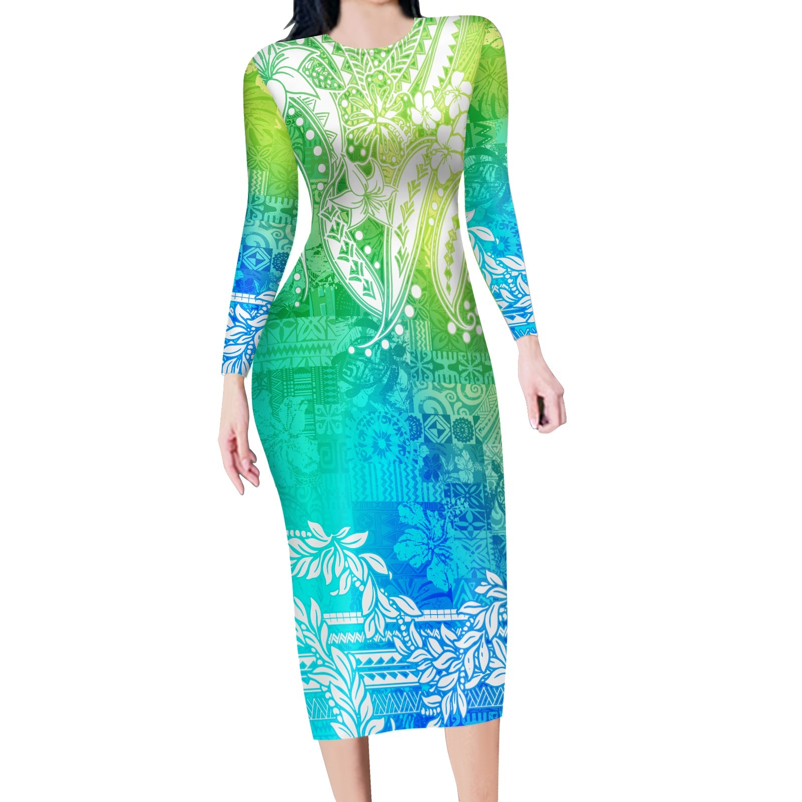 Polynesian Long Sleeves Bodycon Dress Tapa Plumeria Style - Oceanic LT7 Polyester/spandex Art - Polynesian Pride