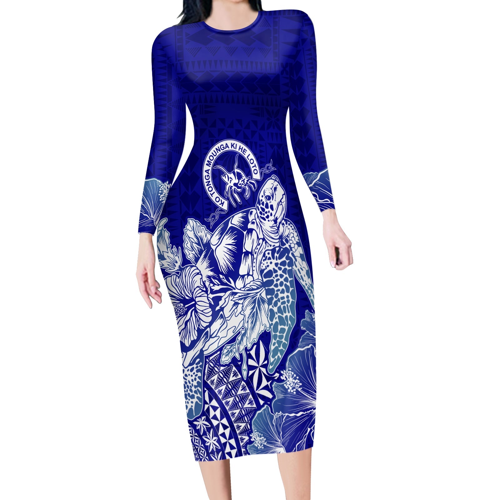 Queen Salote College Tonga Long Sleeves Bodycon Dress Kupesi Style - Ver02 LT7 Polyester/spandex Blue - Polynesian Pride