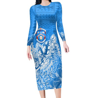 Apifoou College Tonga Long Sleeves Bodycon Dress Kupesi Style - Ver02 LT7 Polyester spandex Blue - Polynesian Pride