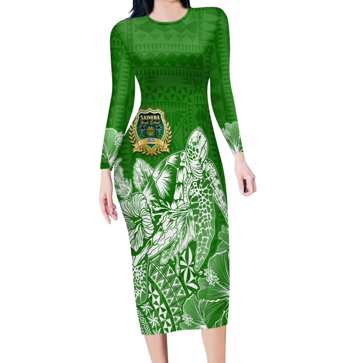 Saineha High School Tonga Long Sleeves Bodycon Dress Kupesi Style - Ver02 LT7 Polyester spandex Green - Polynesian Pride