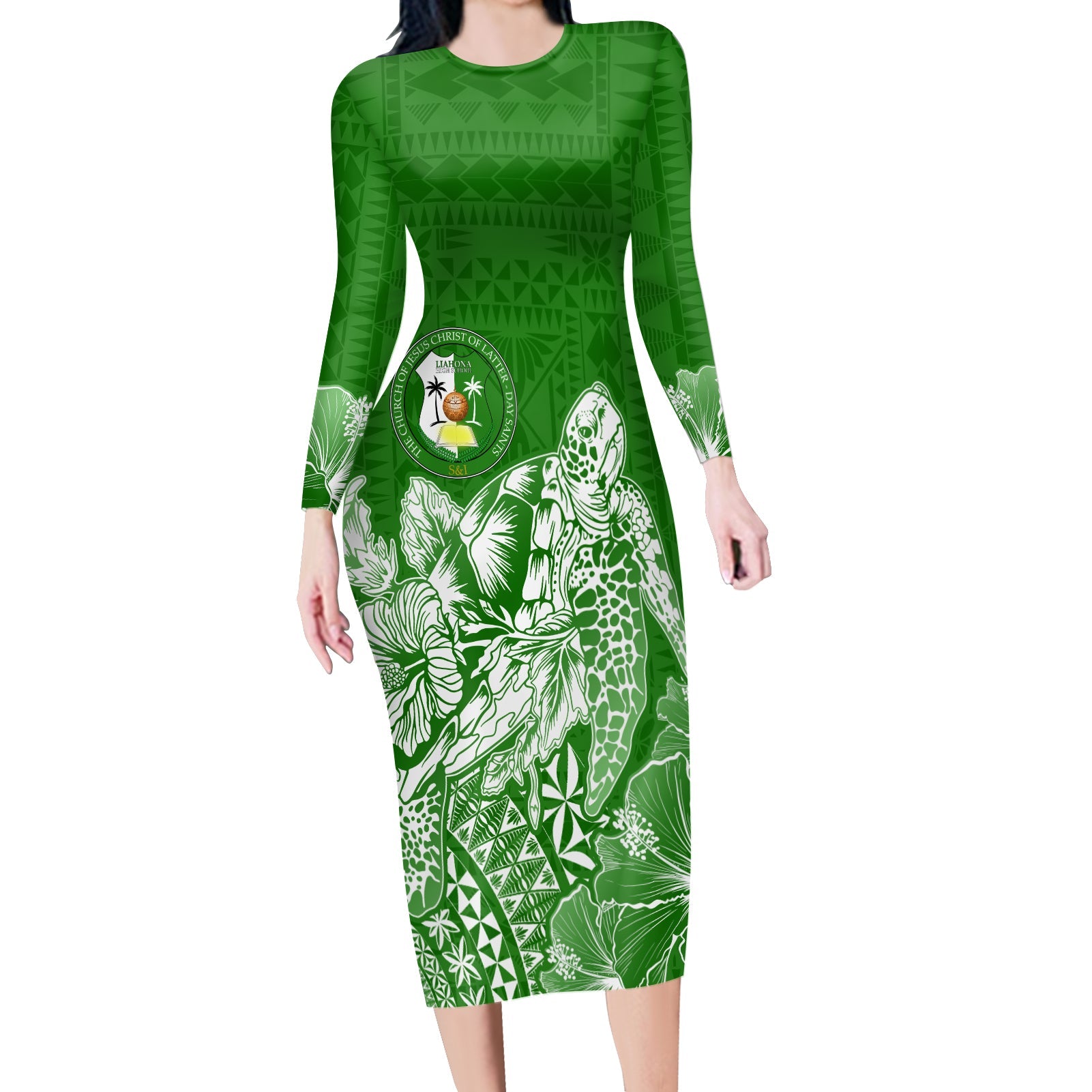 Liahona High School Tonga Long Sleeves Bodycon Dress Kupesi Style - Ver02 LT7 Polyester/spandex Green - Polynesian Pride