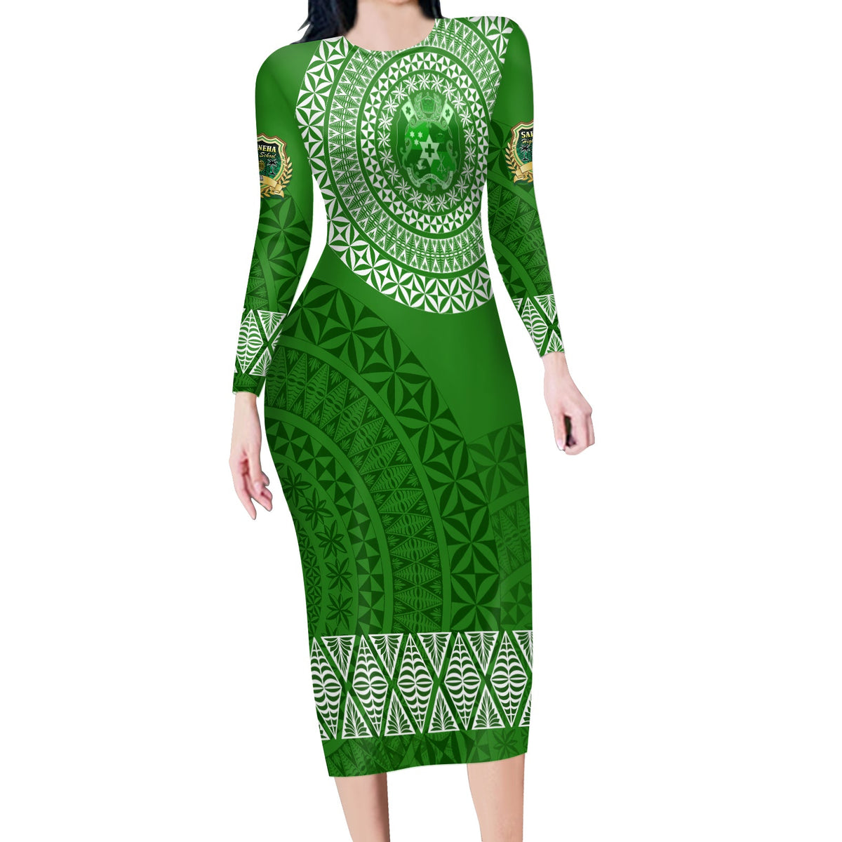 Saineha High School Tonga Long Sleeves Bodycon Dress Kupesi Style - Ver03 LT7 Polyester spandex Green - Polynesian Pride