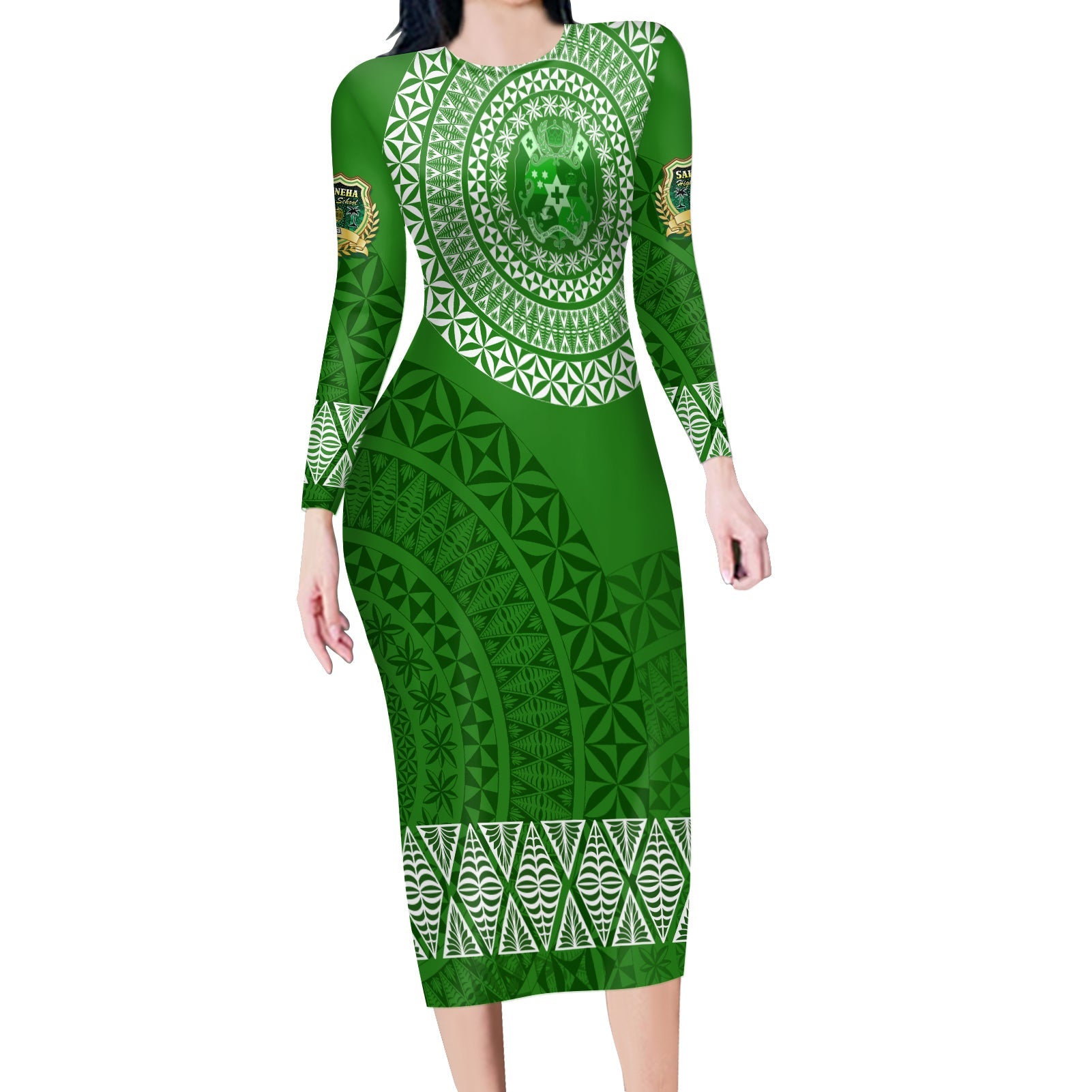 Saineha High School Tonga Long Sleeves Bodycon Dress Kupesi Style - Ver03 LT7 Polyester/spandex Green - Polynesian Pride