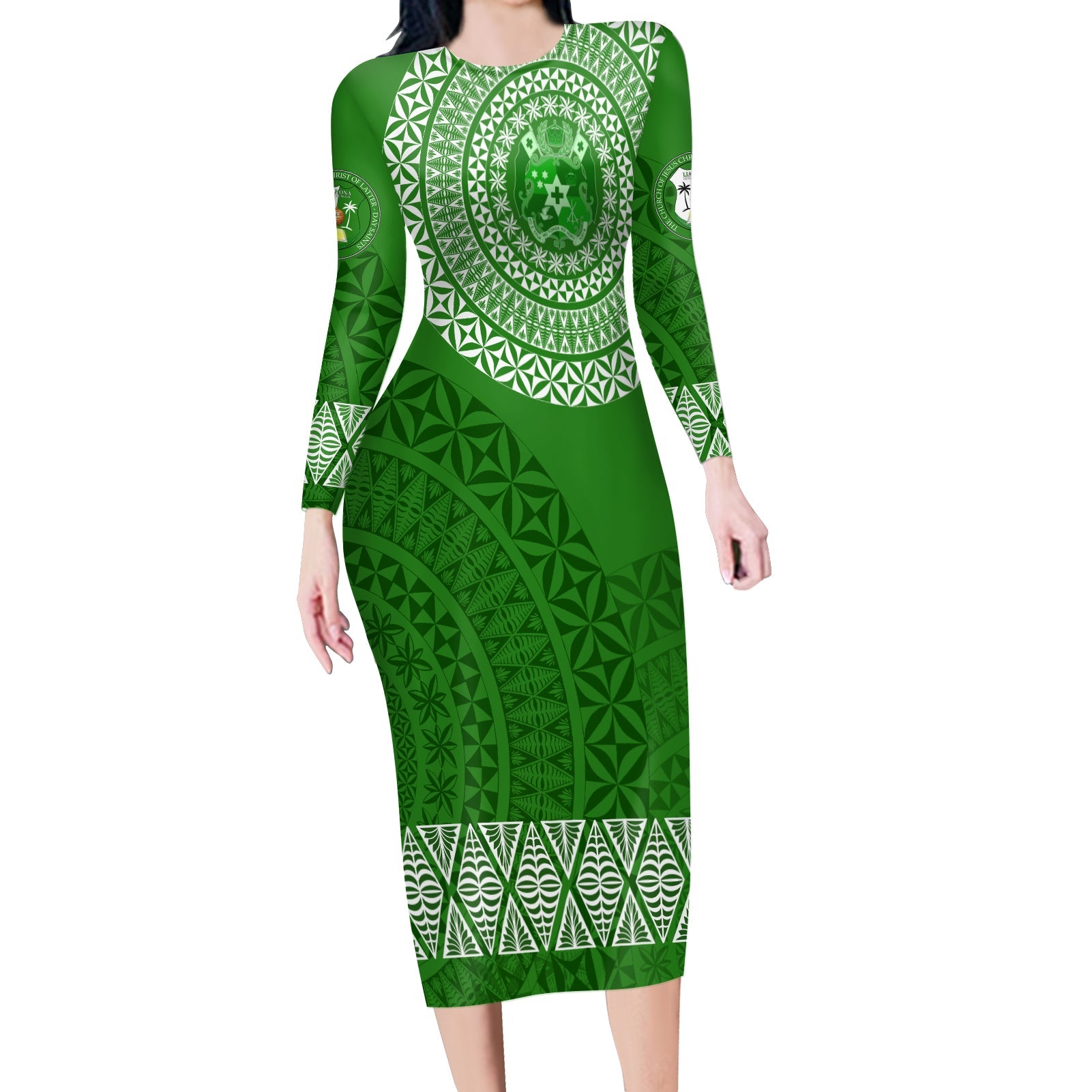 Liahona High School Tonga Long Sleeves Bodycon Dress Kupesi Style - Ver03 LT7 Polyester/spandex Green - Polynesian Pride