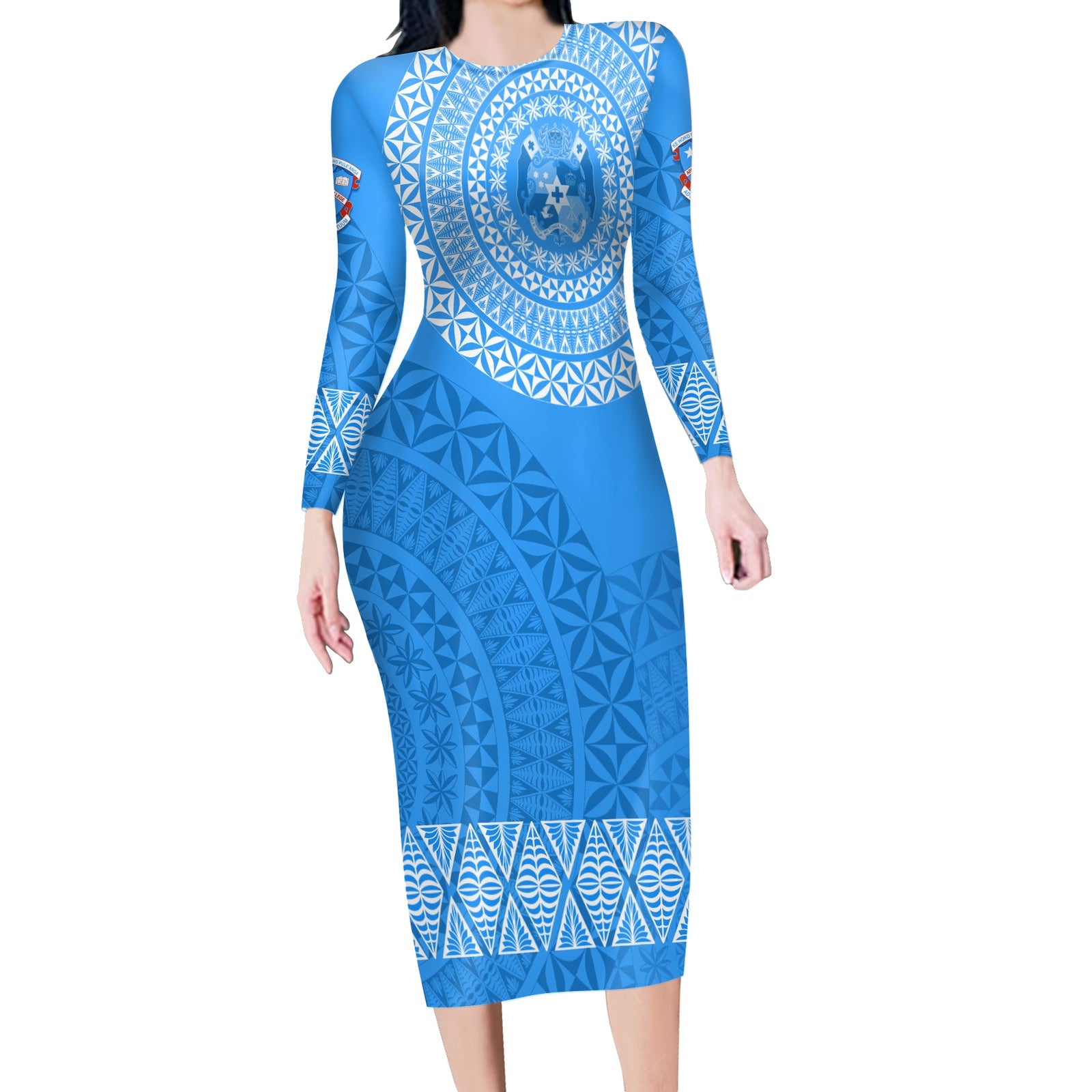 Apifoou College Tonga Long Sleeves Bodycon Dress Kupesi Style - Ver03 LT7 Polyester spandex Blue - Polynesian Pride