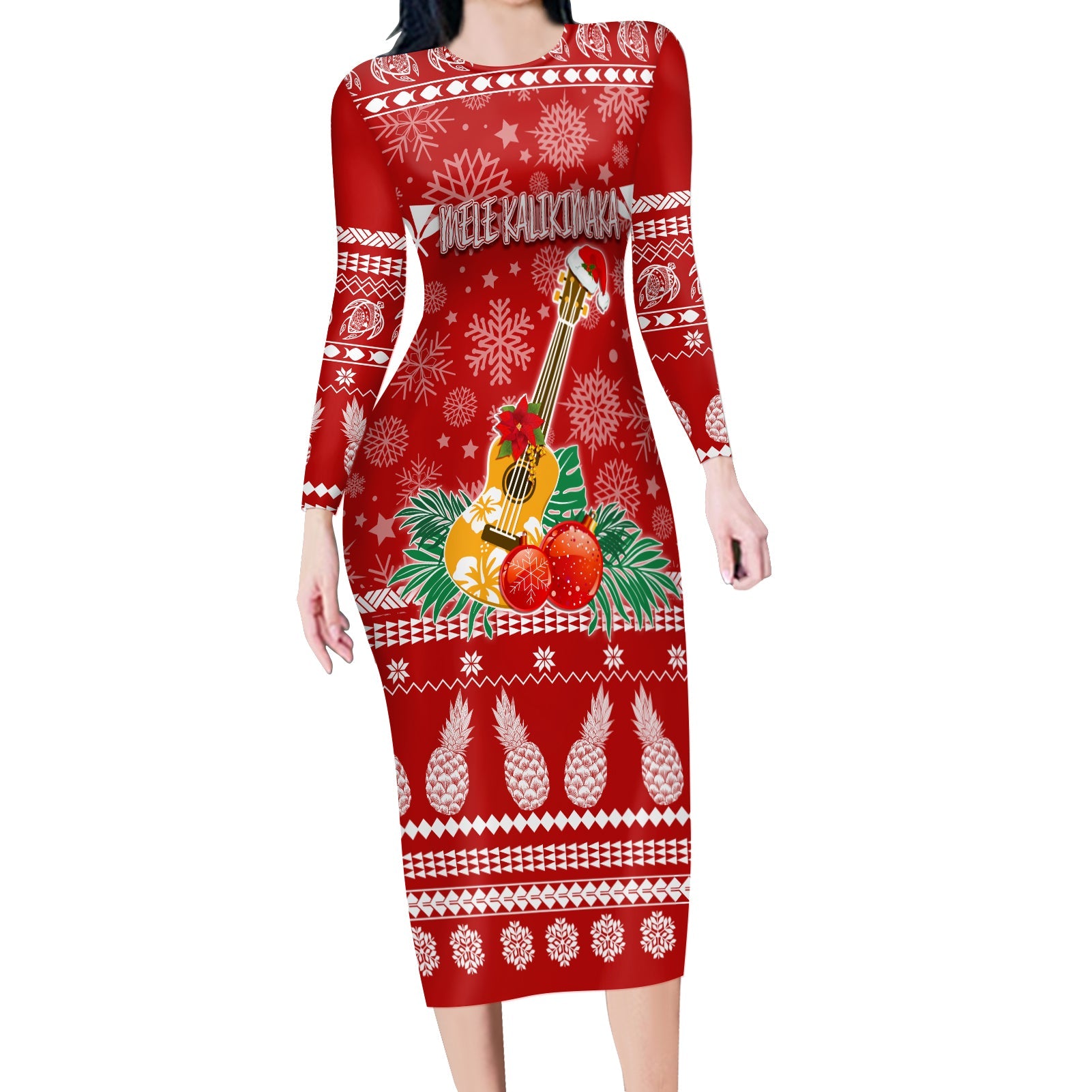 Hawaii Christmas Long Sleeves Body Dress Mele Kalikimaka - Ukulele LT7 Polyester/spandex Red - Polynesian Pride