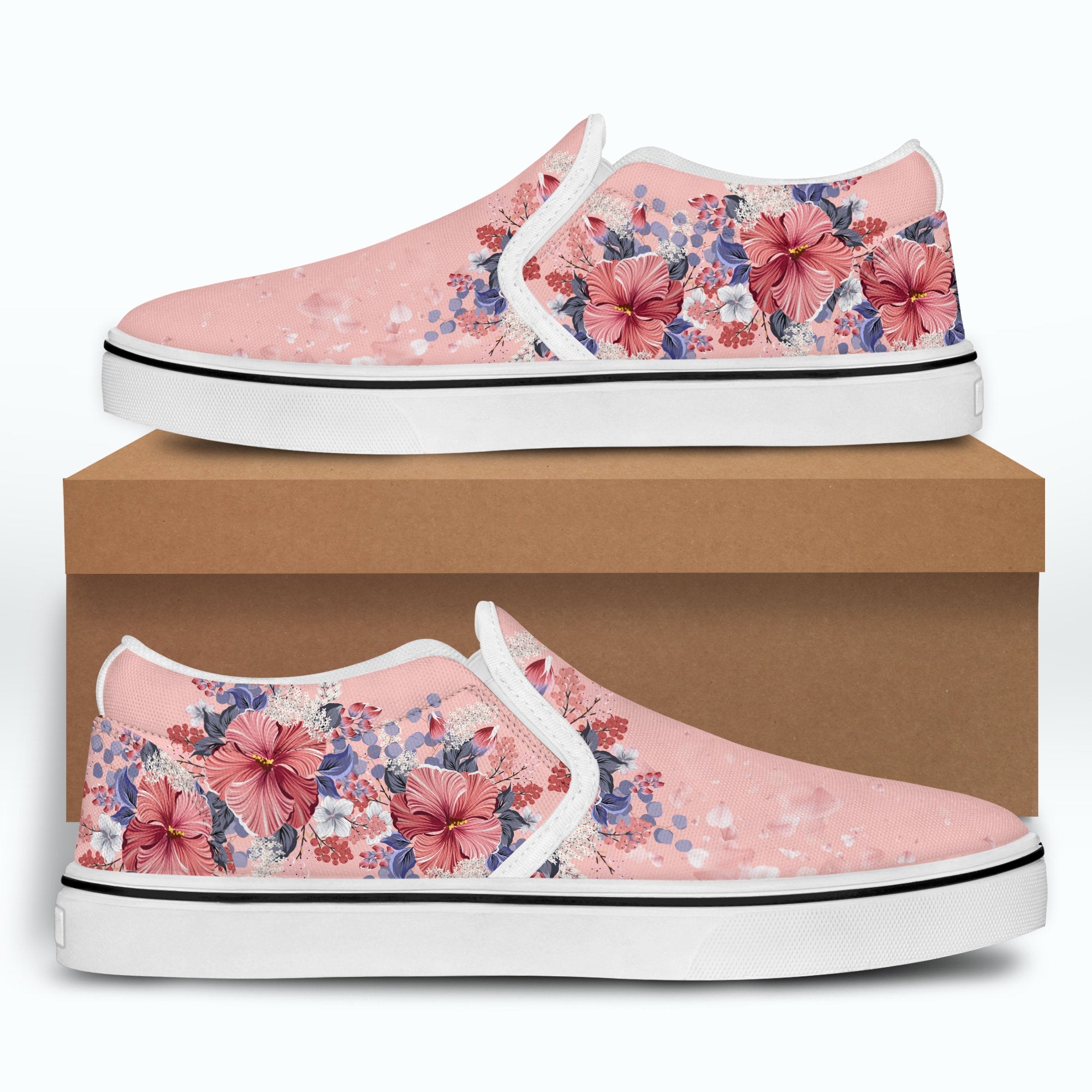 Hawaii Pink Hibiscus Falling Petals Slip Ons - Glamour Style - AH - Polynesian Pride