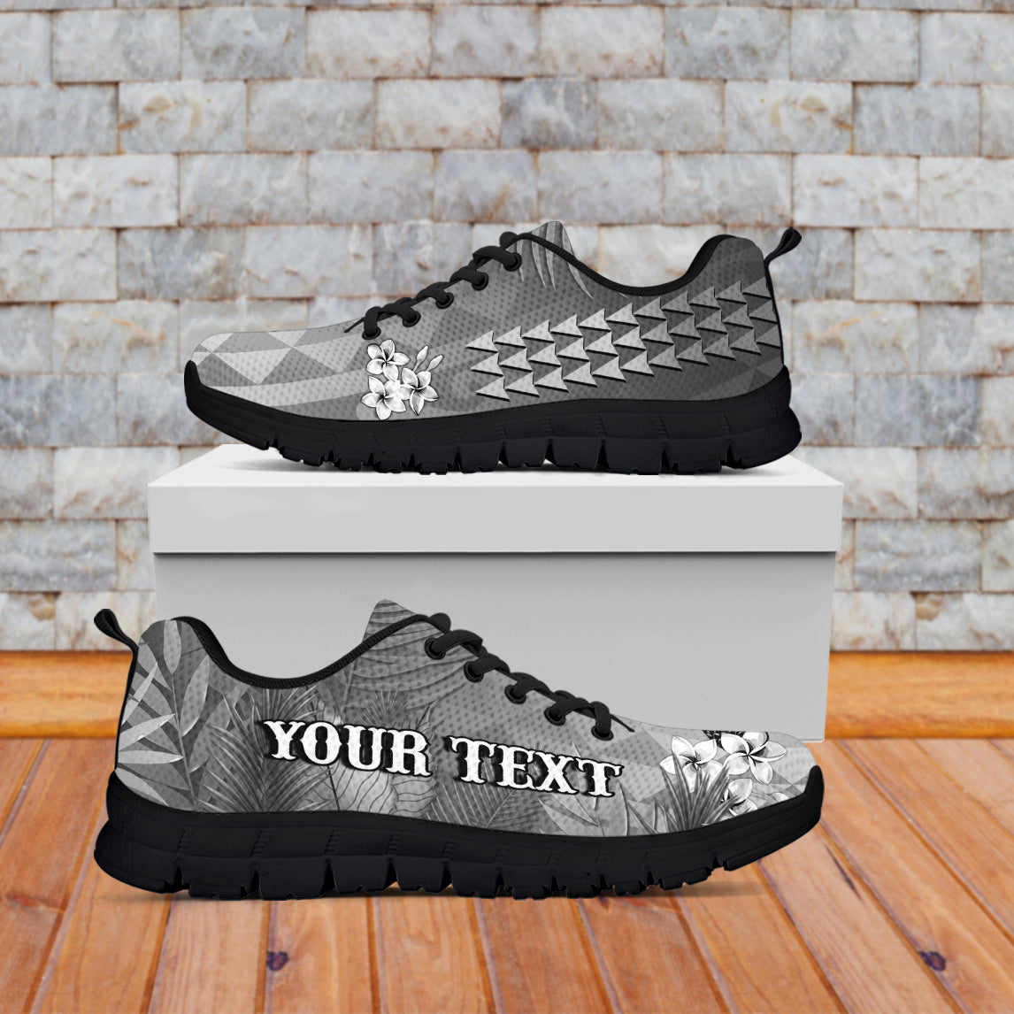 (Custom Personalised) Hawaii Pineapple Sneakers Gray Plumeria Frangipani Mix Tribal Pattern LT13 - Polynesian Pride