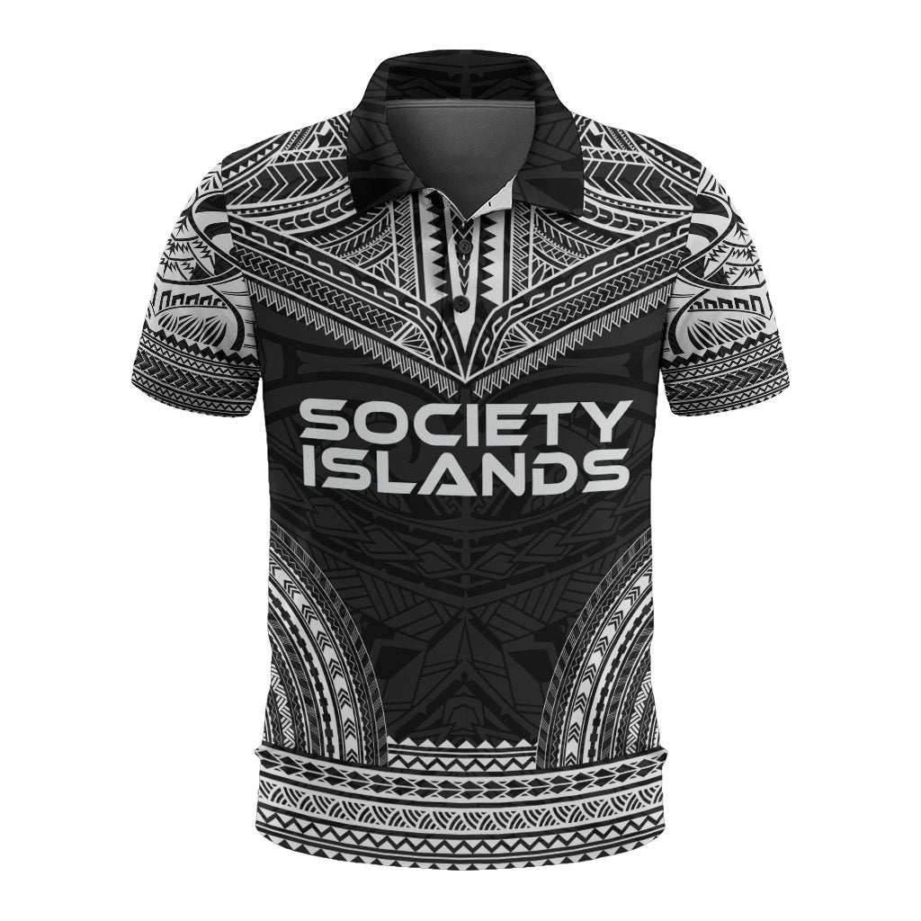 Society Islands Polo Shirt Society Islands Flag Polynesian Chief Tattoo Black Version Unisex Black - Polynesian Pride