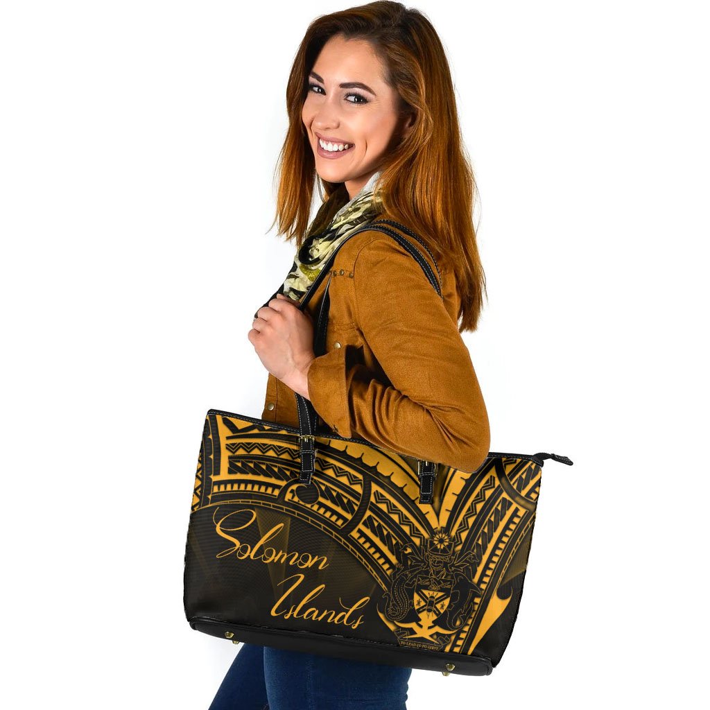 Solomon Islands Leather Tote - Gold Color Cross Style Black - Polynesian Pride