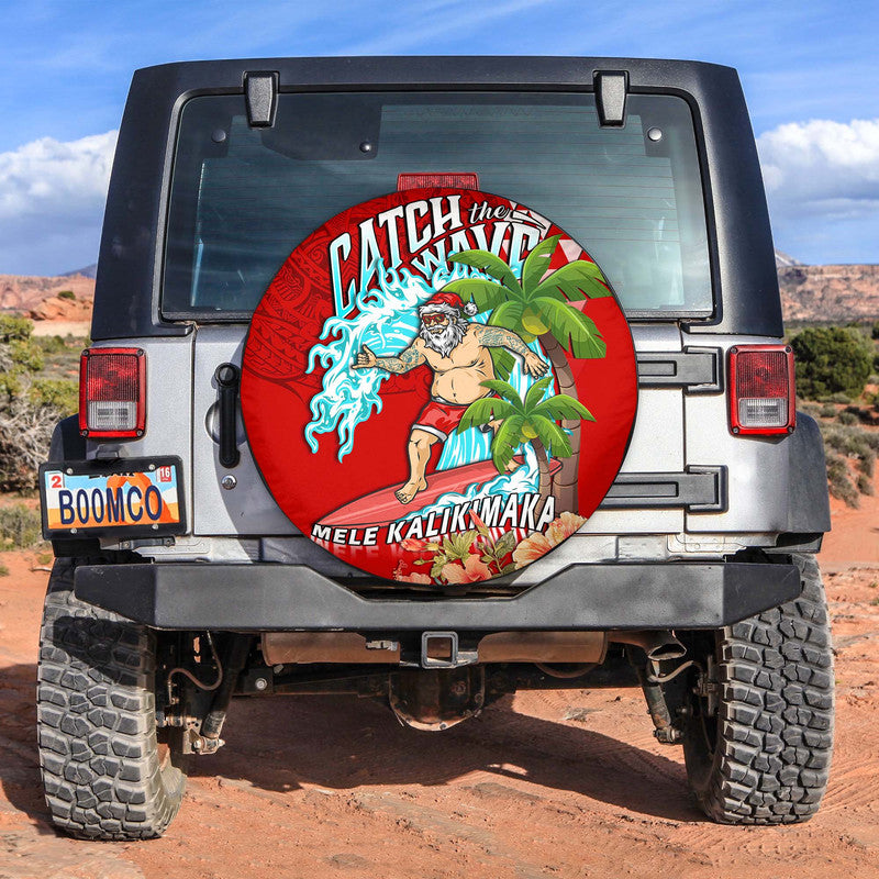 Hawaii Mele Kalikimaka Spare Tire Cover Santa Claus Surfing Xmas Time LT9 No hole - Polynesian Pride