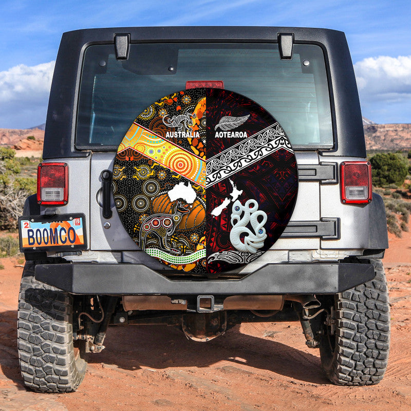 New Zealand Maori Aotearoa And Australia Aboriginal Spare Tire Cover Together - Red LT8 No hole - Polynesian Pride