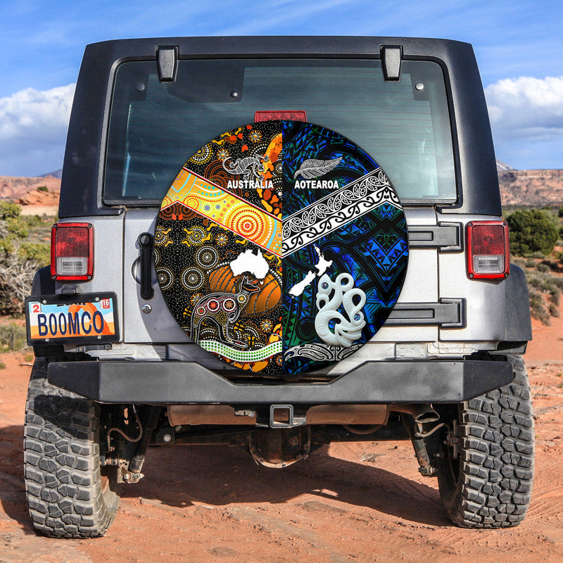 New Zealand Maori Aotearoa And Australia Aboriginal Spare Tire Cover Together - Blue LT8 No hole - Polynesian Pride