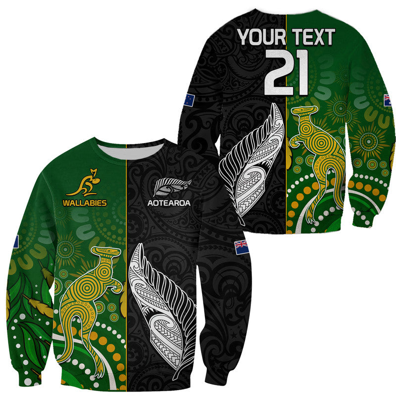 (Custom Personalised) Aotearoa Rugby All Black Combine Australia Wallabies Sweater Aboriginal Kangaroo And Maori Fern LT9 Unisex Black - Polynesian Pride