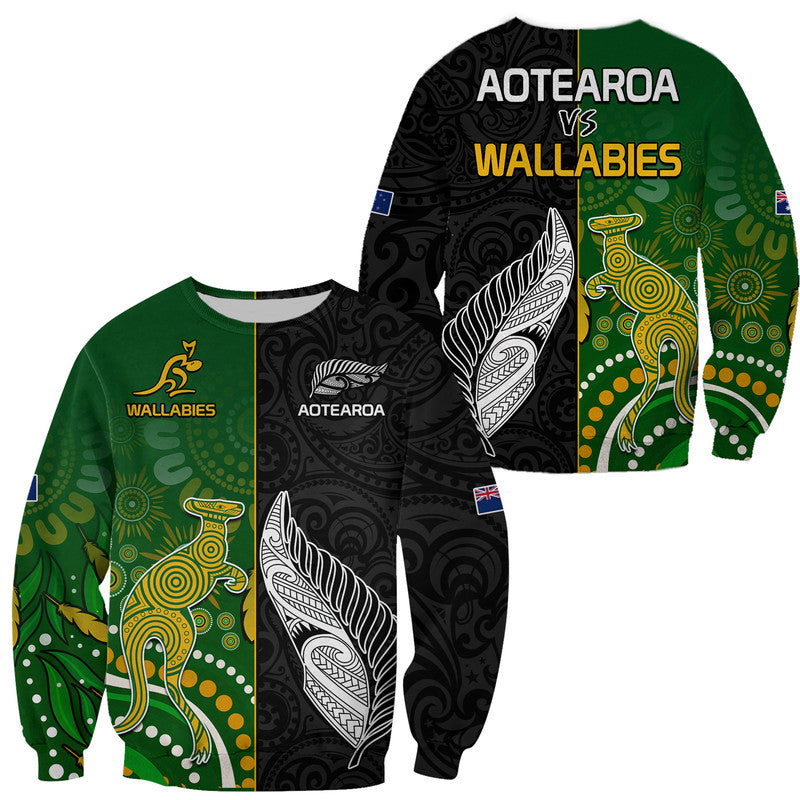 Aotearoa Rugby All Black Combine Australia Wallabies Sweater Aboriginal Kangaroo And Maori Fern LT9 Unisex Black - Polynesian Pride