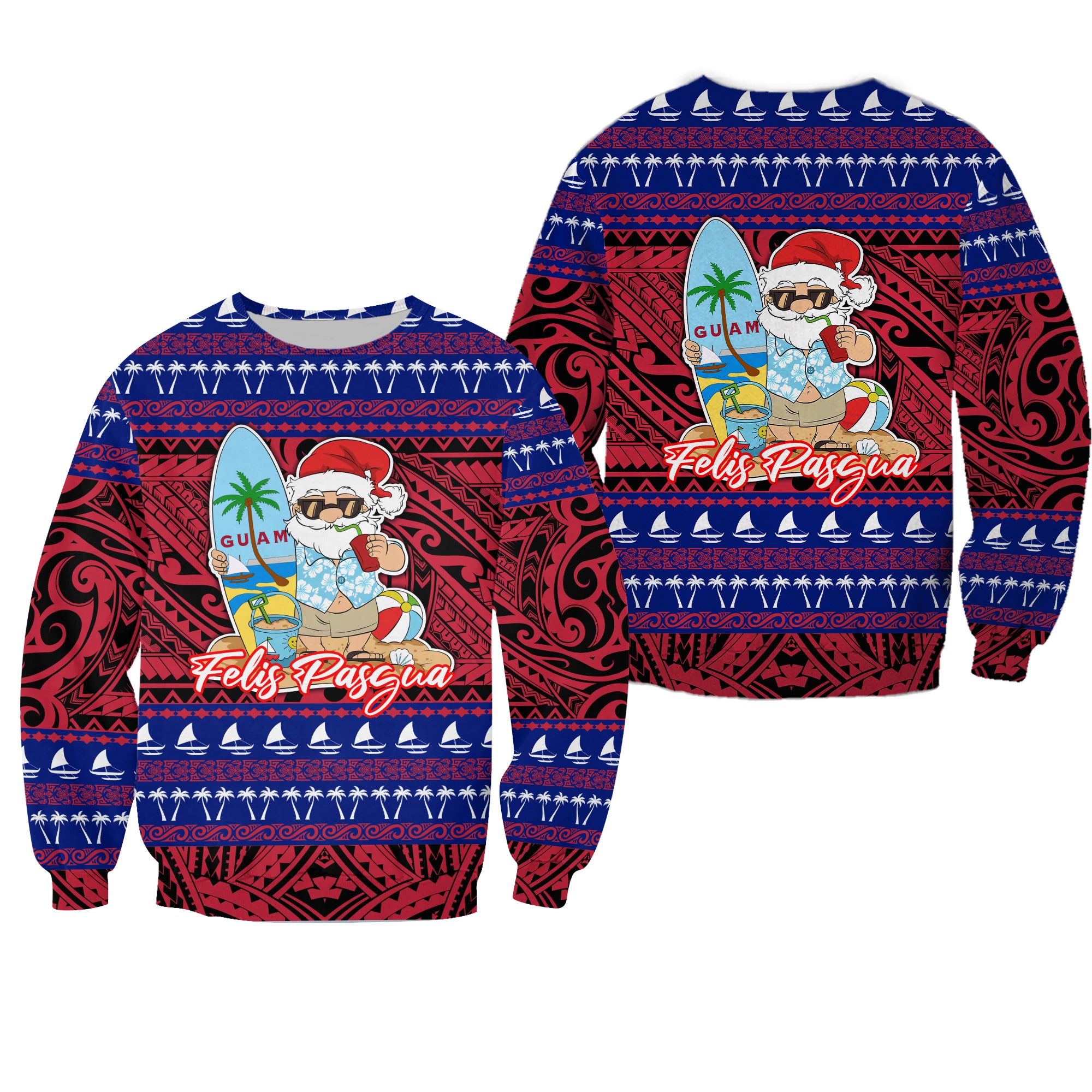 Guam Christmas - Felis Pasgua Santas Guam Surf Board Sweatshirt - LT2 Unisex RED - Polynesian Pride