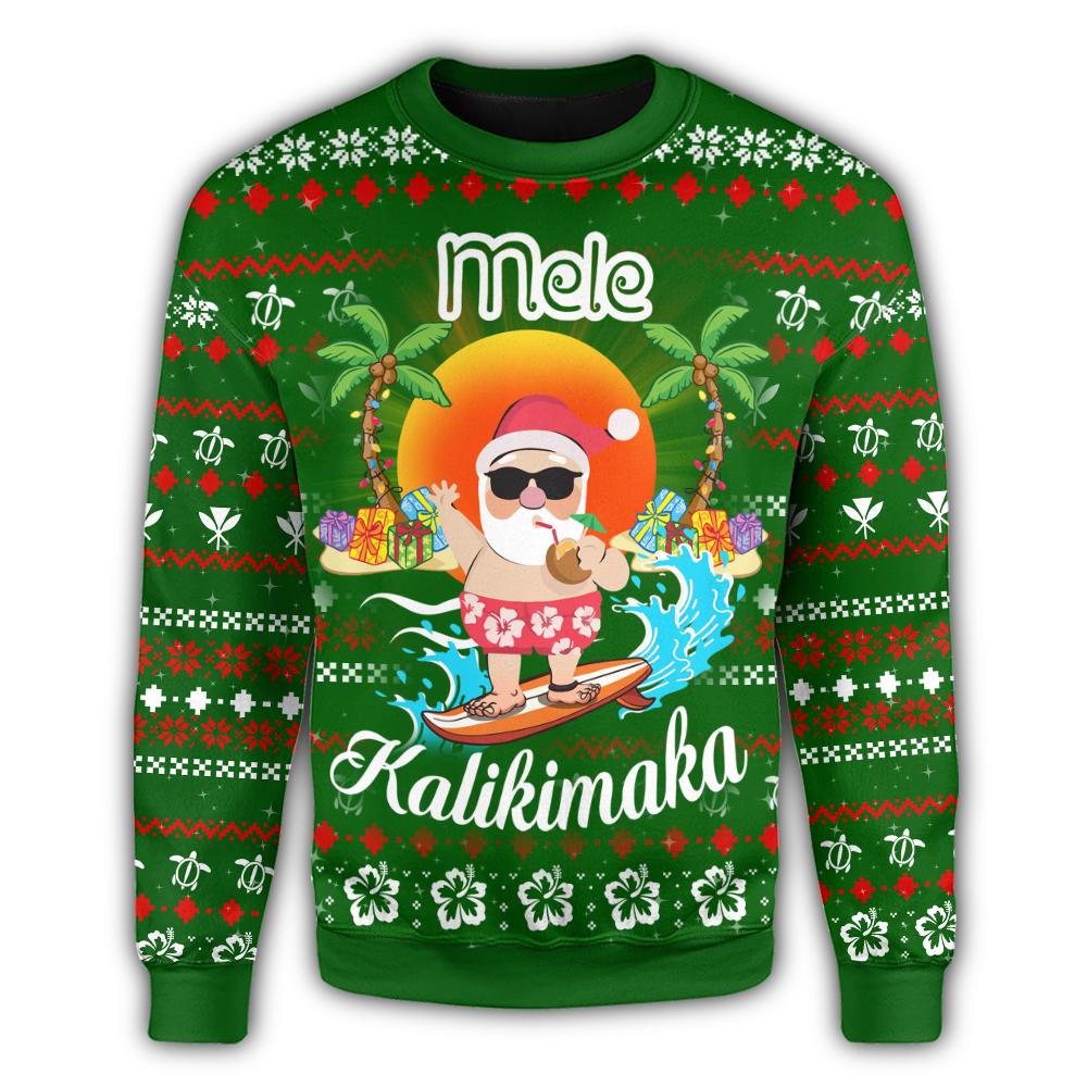 Hawaiian Santa Claus Mele Kalikimaka Christmas Sweatshirt - Green - Aviv Style - AH - Polynesian Pride