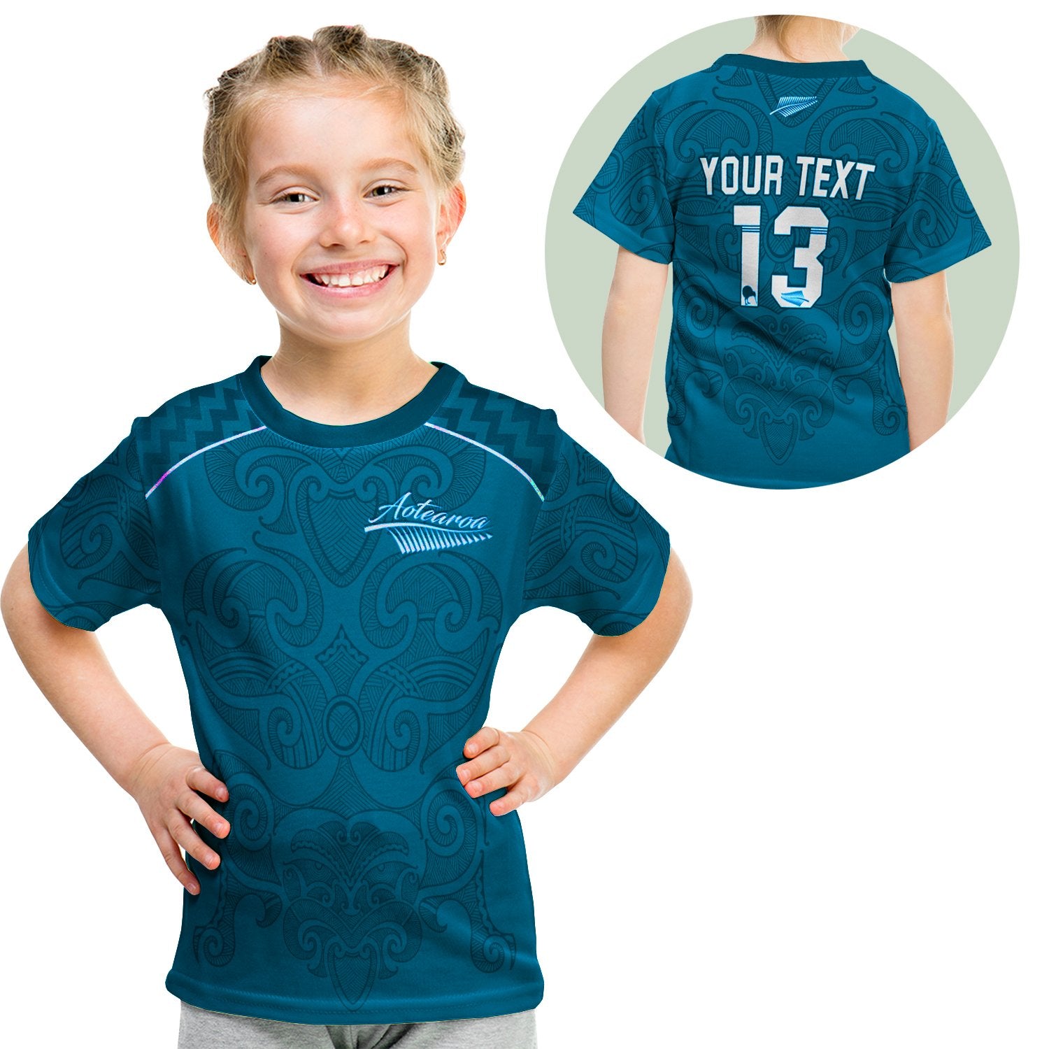 (Custom Personalised) Maori 2021 T Shirt Kid - Turquoise Aotearoa Tattoo - Custom Text And Number LT13 - Polynesian Pride