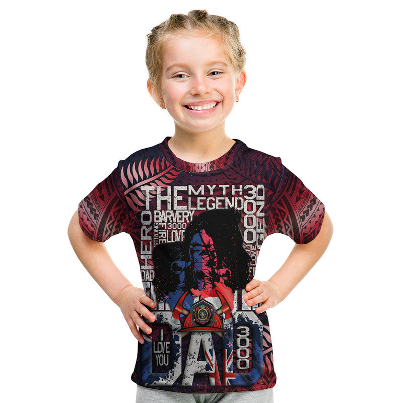 Custom Fathers Day New Zealand Firefighter Dad T Shirt Maori Pattern Style LT9 Kid Red - Polynesian Pride