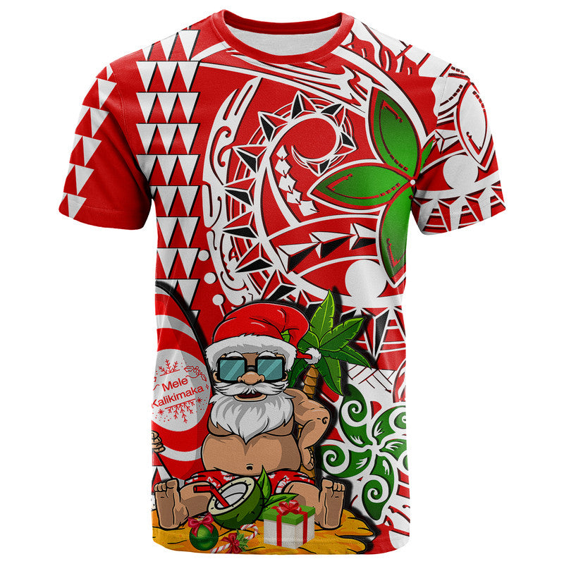 Hawaii Mele Kalikimaka Santa Claus Beach T Shirt LT6 Red - Polynesian Pride