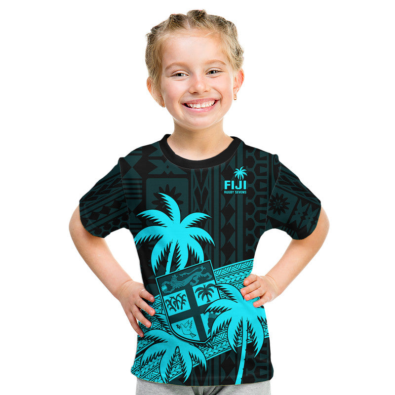 Fiji Rugby Sevens Kid T Shirt Tapa Palm Tree and Fijian Coat of Arms LT9 Youth XL Size14 - Polynesian Pride