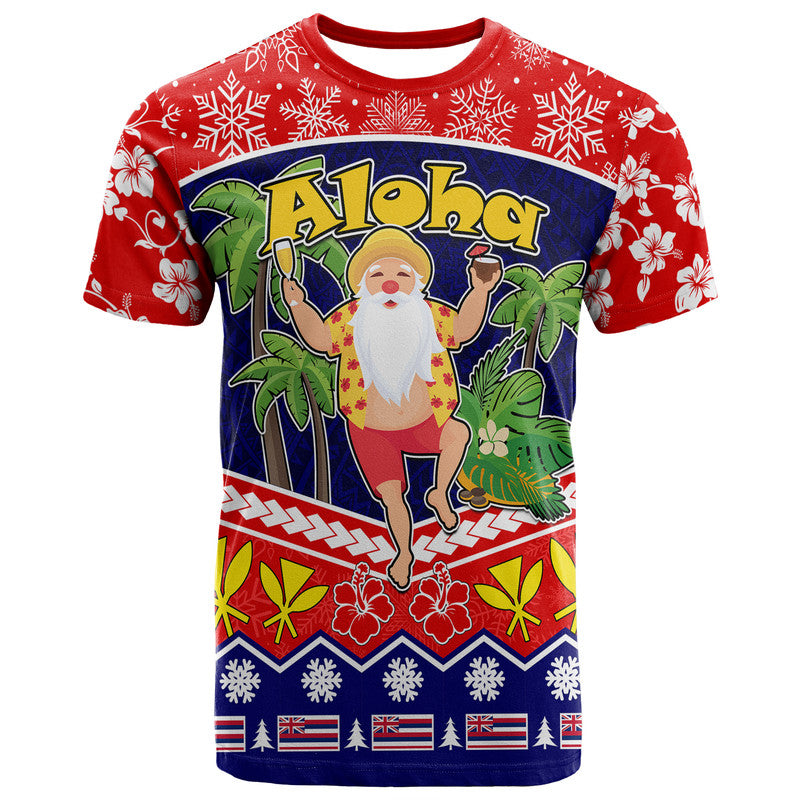 Custom Hawaii Santa Kalikimaka Palm and Hibiscus Christmas Vibe T Shirt LT9 Red - Polynesian Pride