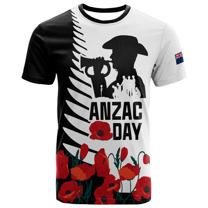 Custom New Zealand ANZAC Day T Shirt Military Silver Ferns and Red Poppy LT9 Black - Polynesian Pride