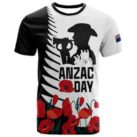 New Zealand ANZAC Day T Shirt Military Silver Ferns and Red Poppy LT9 Black - Polynesian Pride