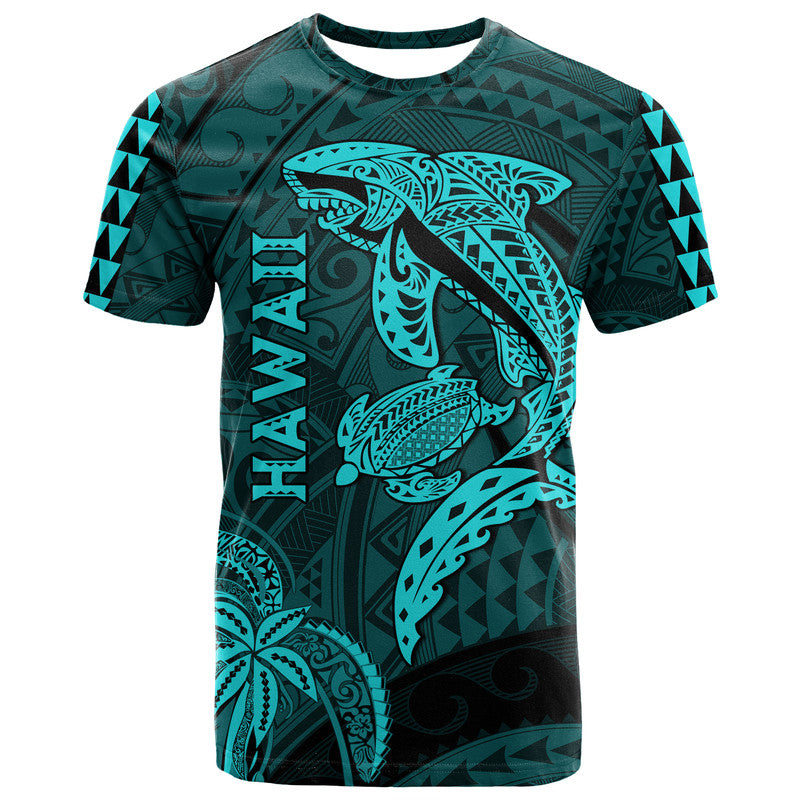Hawaii T Shirt Shark and Turtle Mix Kakau Turquoise LT9 Turquoise - Polynesian Pride