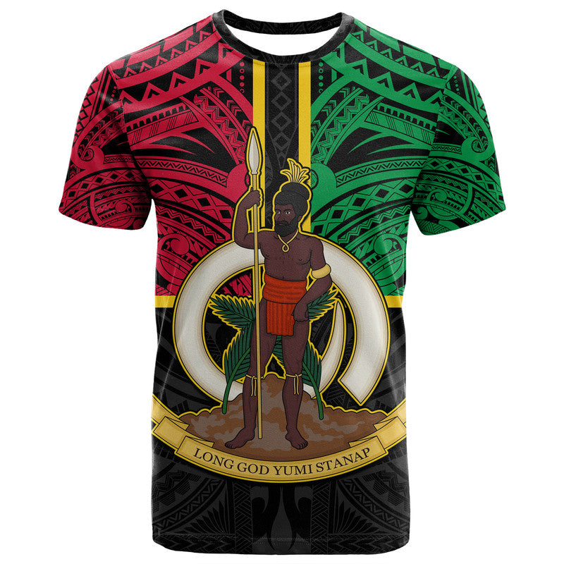 Custom Vanuatu T Shirt Tribal Vanuatu Coat of Arms Flag Style No2 LT9 Black - Polynesian Pride