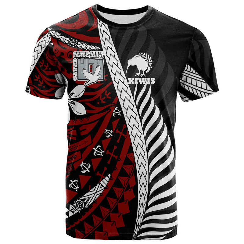 Custom Mate Maa Tonga Mixed Aotearoa Kiwis Rugby T Shirt Silver Fern Mixed Polynesian Style LT9 Adult Black - Polynesian Pride