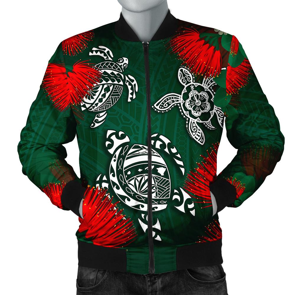 Hawaii Lehua Flowers Turtle Poly Bomber Jacket - Ser Style - AH Green Unisex - Polynesian Pride