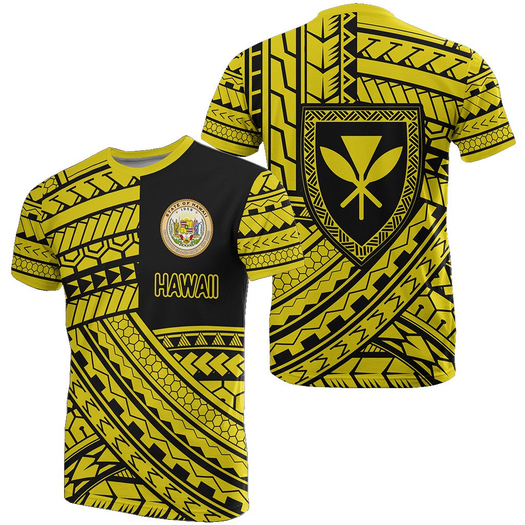 Hawaii Coat of Arms Polynesian T Shirt Yellow Quarter Style Unisex Yellow - Polynesian Pride