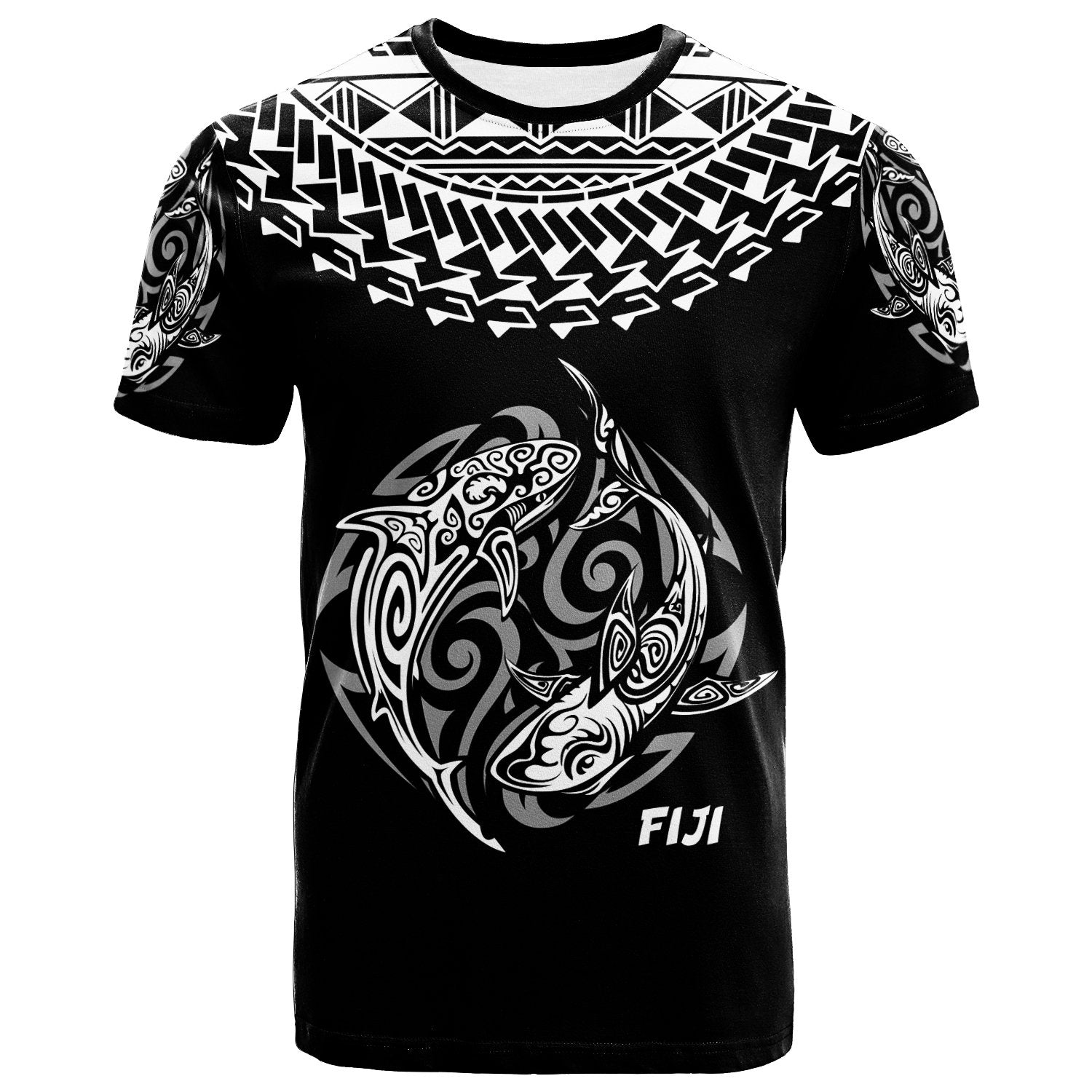 Fiji T Shirt Polynesian Shark Tattoo Black Unisex Black - Polynesian Pride