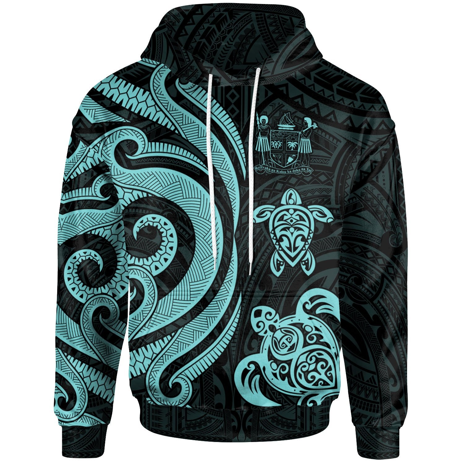 Fiji Polynesian Hoodie Turquoise Tentacle Turtle Crest Unisex Turquoise - Polynesian Pride