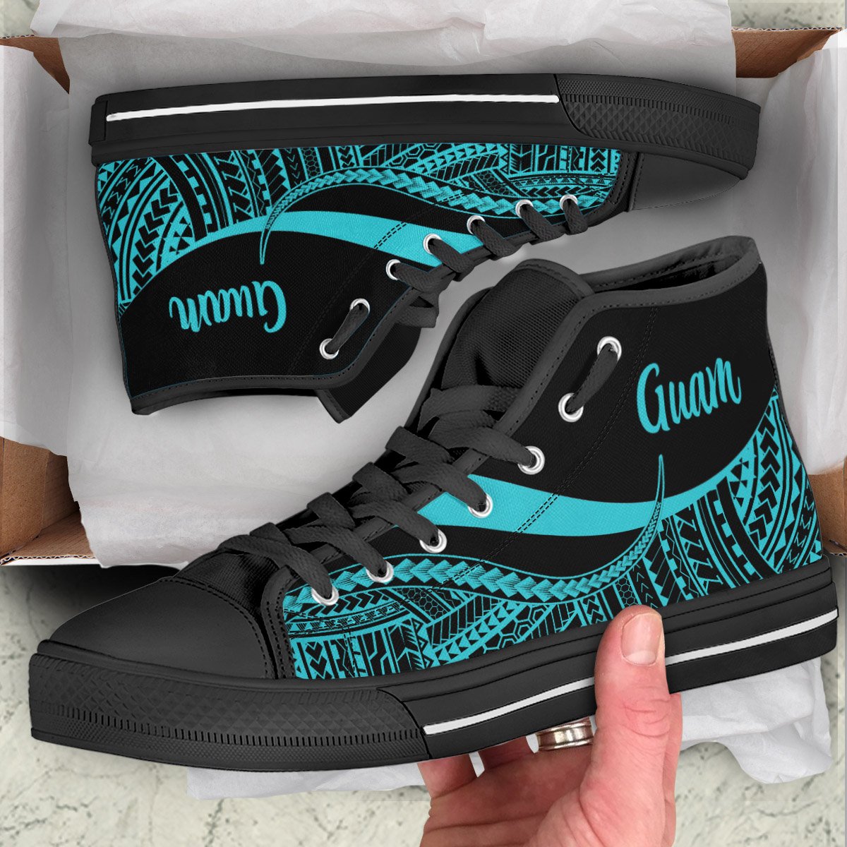 Guam High Top Shoes Turquoise - Polynesian Tentacle Tribal Pattern Unisex Black - Polynesian Pride